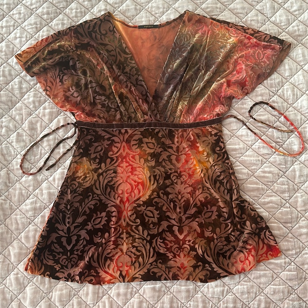 Soprano Anthropologie Velvet Burnout Top in Autumn Colors Wrap with Empire Waist